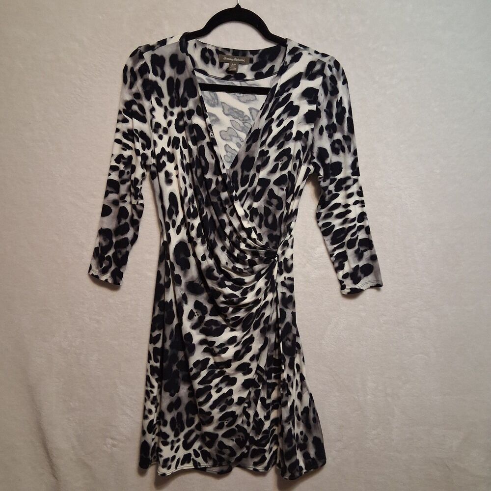 Tommy Bahama S Dress Mini Faux Wrap Black White Leopard Print Classic Mob Wife